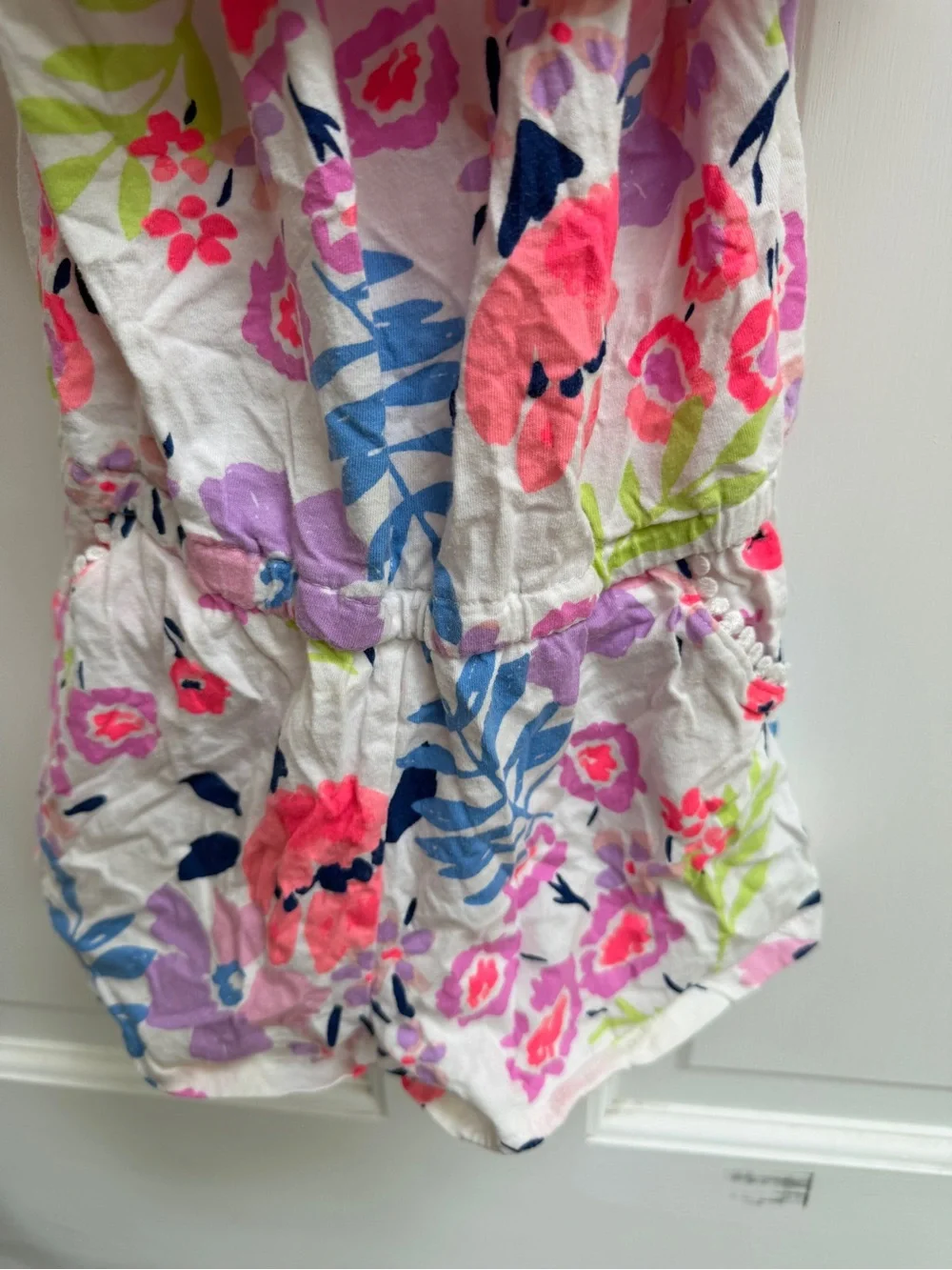 OshKosh B'gosh Girls 5T White Floral Off-Shoulder Tank Romper Pink Blue Flowers